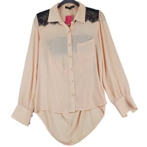 Y2K Fairy Grunge Silky Tunic Blouse M Peach w/ Black Floral Lace Sheer Open Back